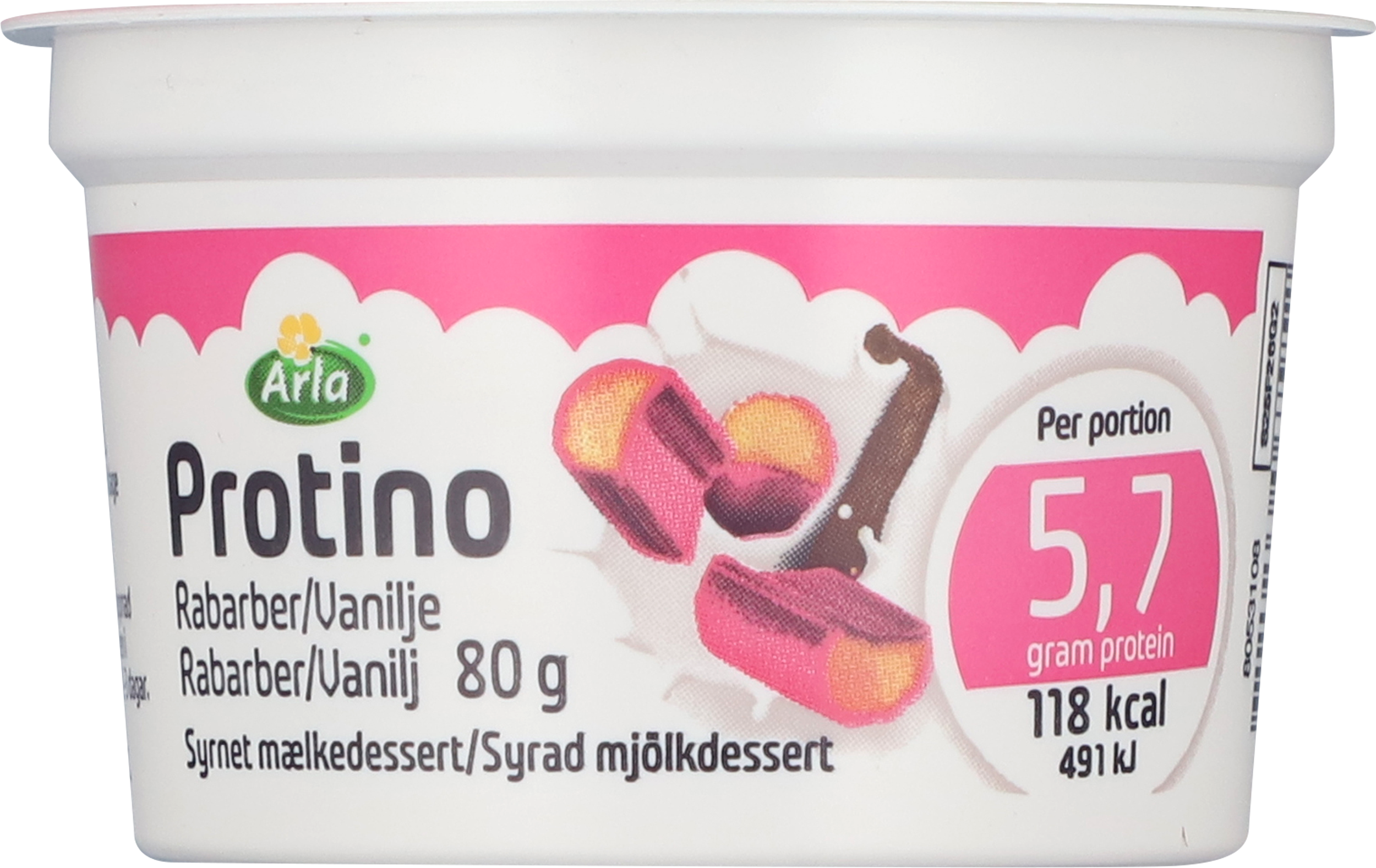 Arla® Protino Syrnet Mælkedessert m. rabarber/vanilje 80 g