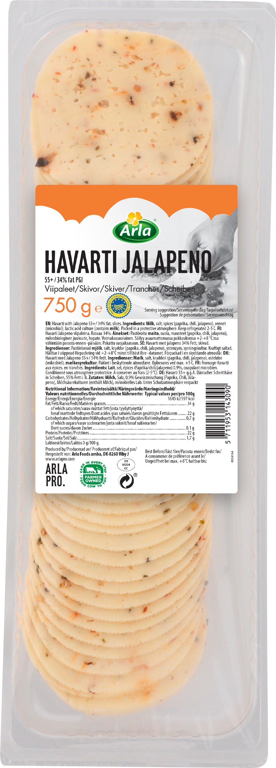Havarti m. jalapeno 34% 55+ 750 g