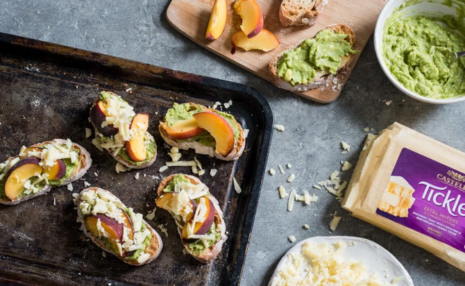 Grilled peach and cheddar avocado crostini