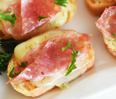 Salami and dill Havarti crostini
