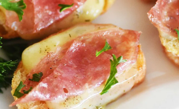 Salami and dill Havarti crostini