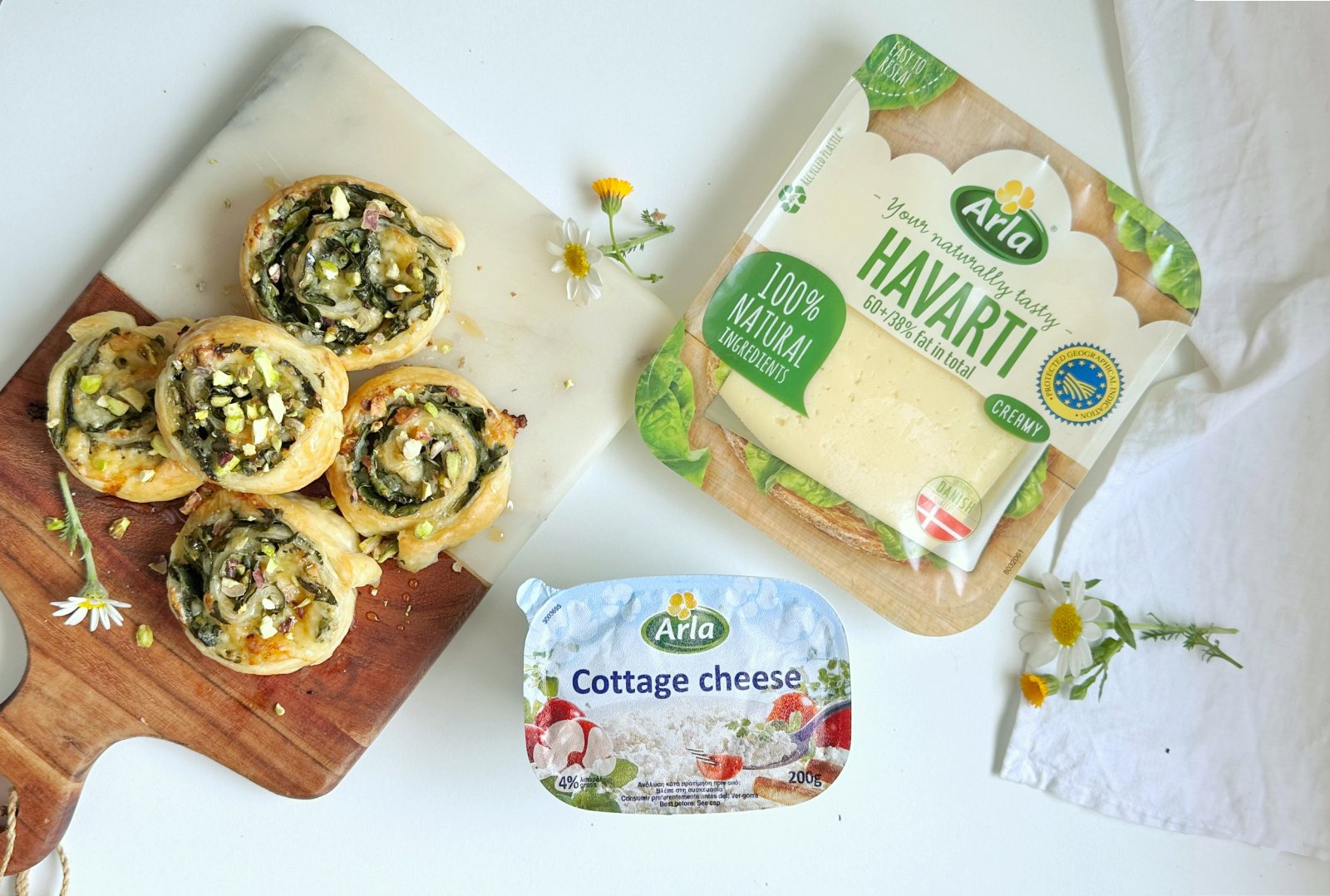 Pistacho rolls con Queso Cottage Havarti y espinacas