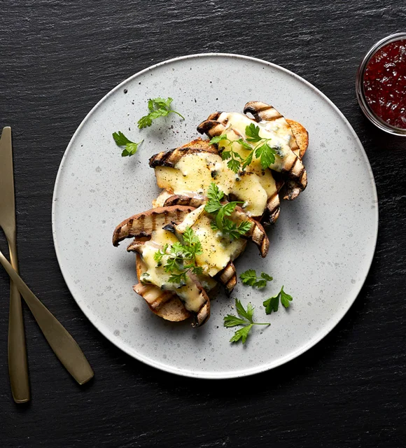 Sourdough bruschetta with portobello mushrooms and Castello Creamy Blue