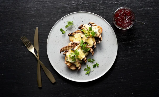 Sourdough bruschetta with portobello mushrooms and Castello Double Crème Blue