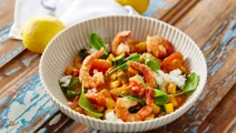 Citronstegte rejer og karrysauce med mango