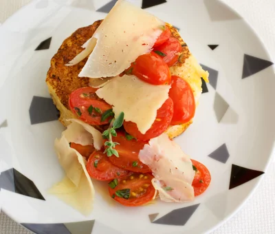 Savory brioche french toast with Aged Havarti, sautéed cherry tomatoes and oregano