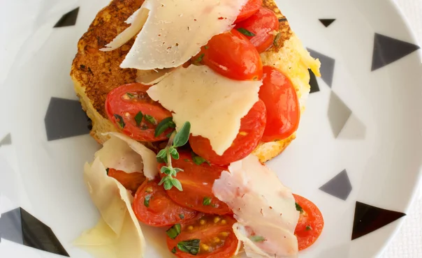 Savory brioche french toast with Aged Havarti, sautéed cherry tomatoes and oregano