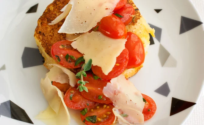 Savory brioche french toast with Aged Havarti, sautéed cherry tomatoes and oregano