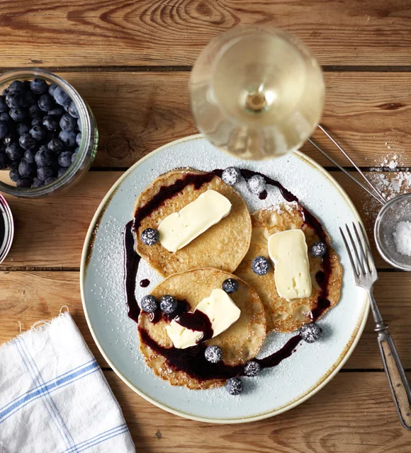 Pancakes with Blueberry Syrup & Double Cream Brie