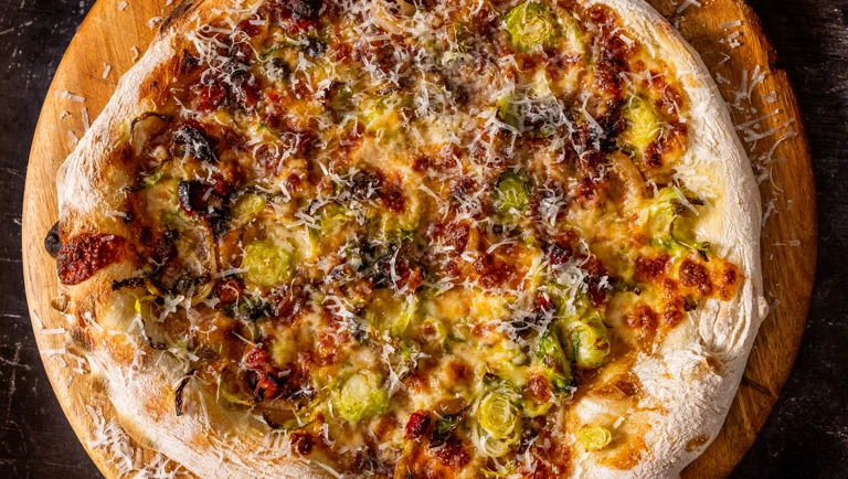 Shredded Brussel Sprout, Pancetta & Caramelised Onion Pizza