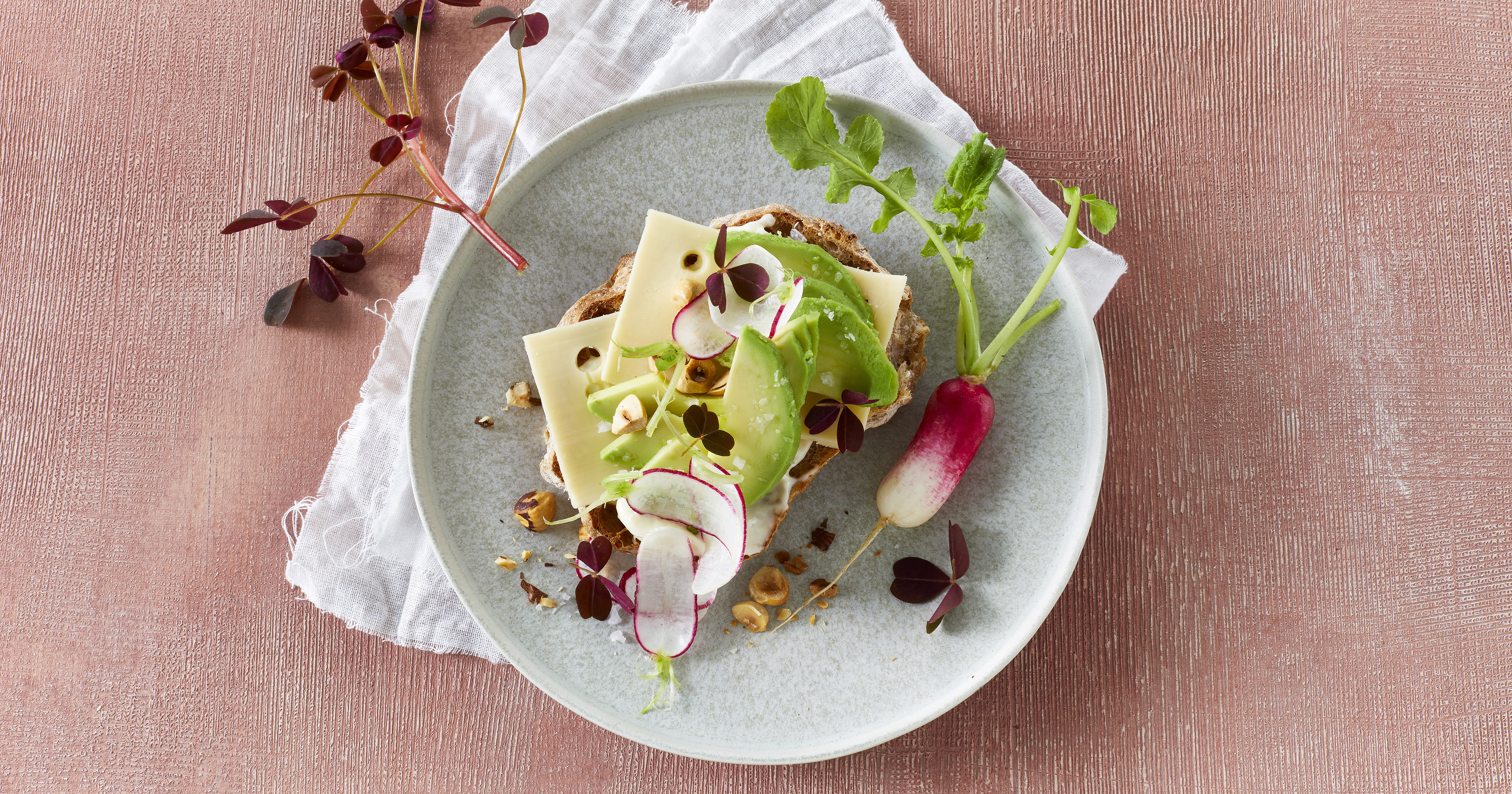 Open sandwich med ost og avocado