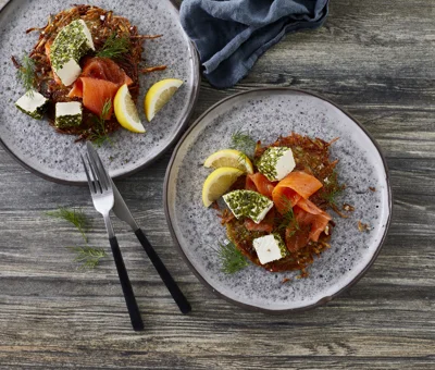 Nordisk kartoffelpandekage 'Røsti' med Castello® Purløg & Forårsløg Flødeost