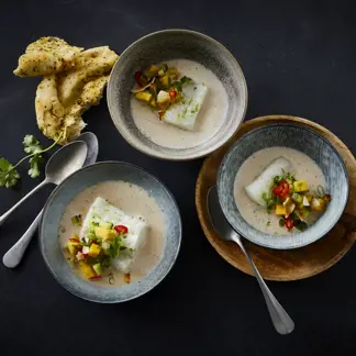Limemarineret torsk med mangosalat og asiatisk inspireret suppe