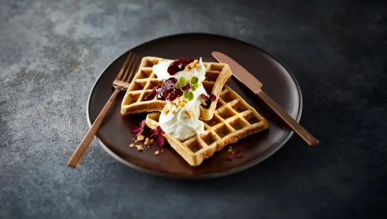 Appelwafels met eigentijdse slagroom en bosbessenjam