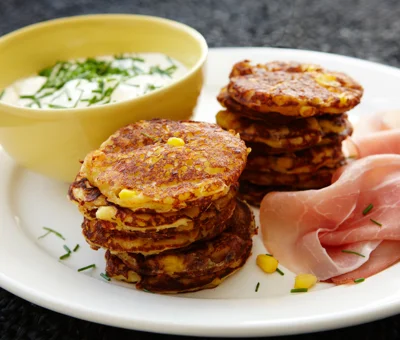 Sweetcorn pancakes with ham and chive dressing