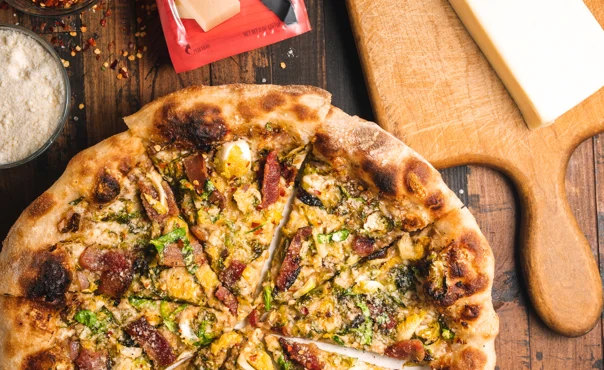 Shredded Brussel Sprouts and Bacon Pizza