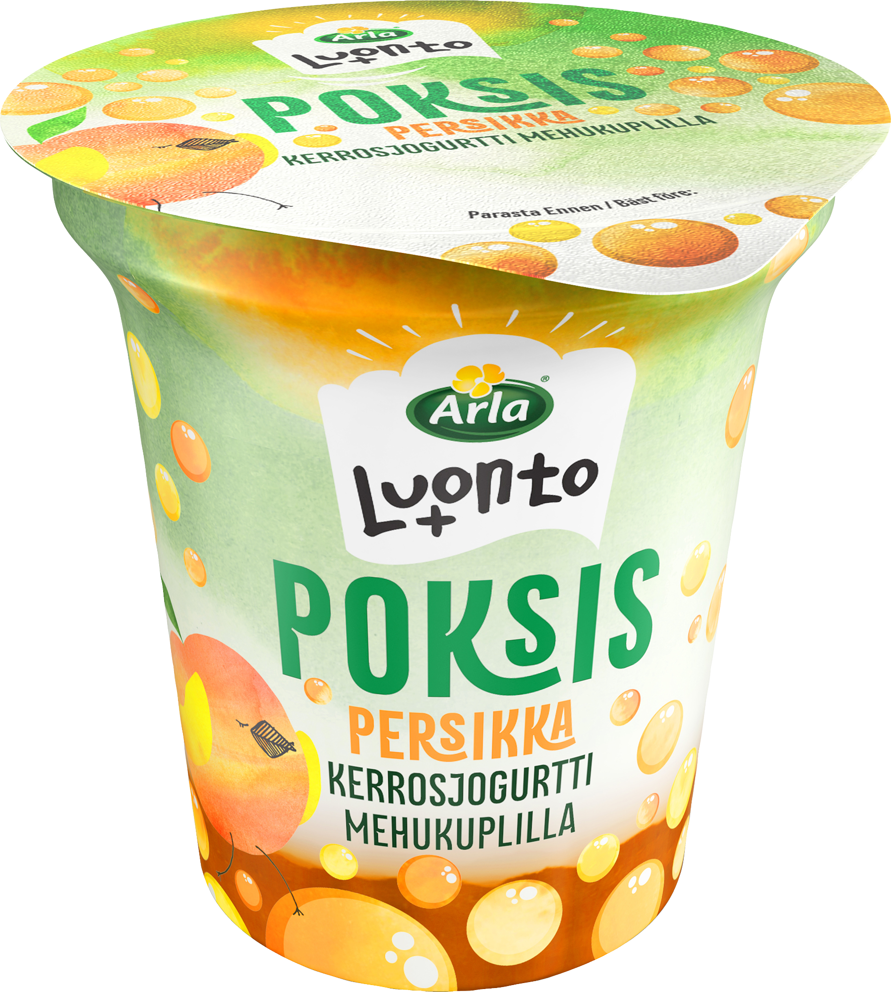 Arla Luonto+ Poksis persikkakerrosjogurtti mehukuplilla 150g vähälaktoosinen