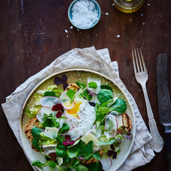 Vårsallad med pocherat ägg och cheddar