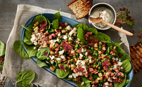 Crunchy Jerusalem artichoke salad with peas and bacon
