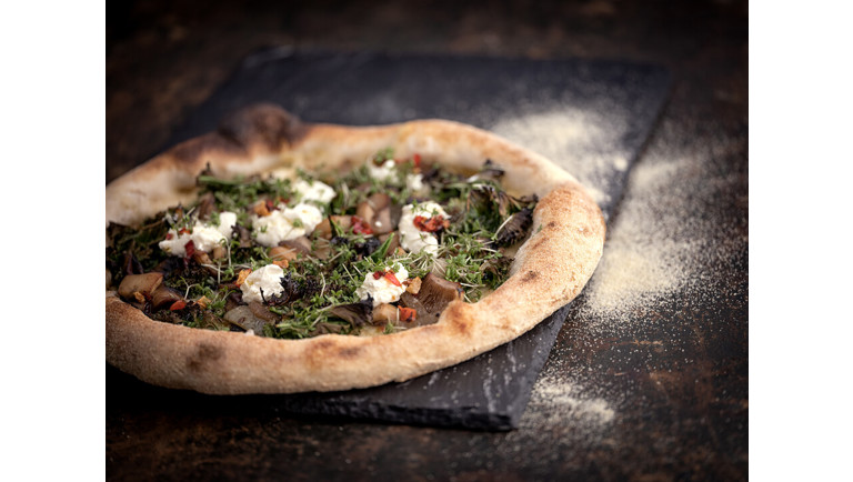 Pizza with mushrooms and cream cheese