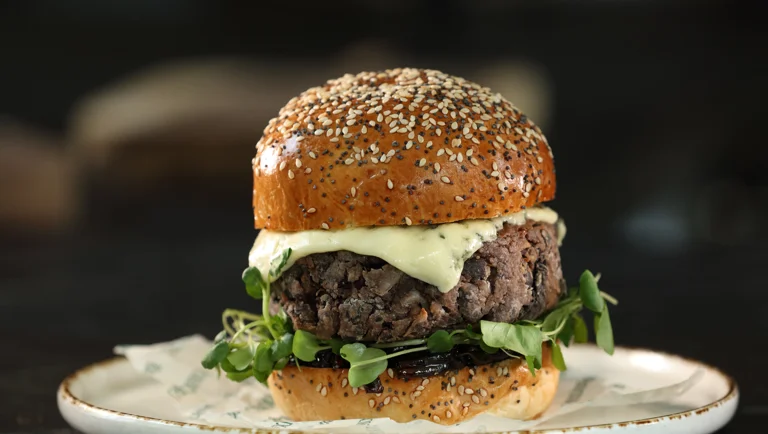 Black Bean & Portobello Mushroom Burger With Castello Blue & Red Onion Marmalade