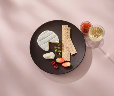 Cheese board with brie and rhubarb compote
