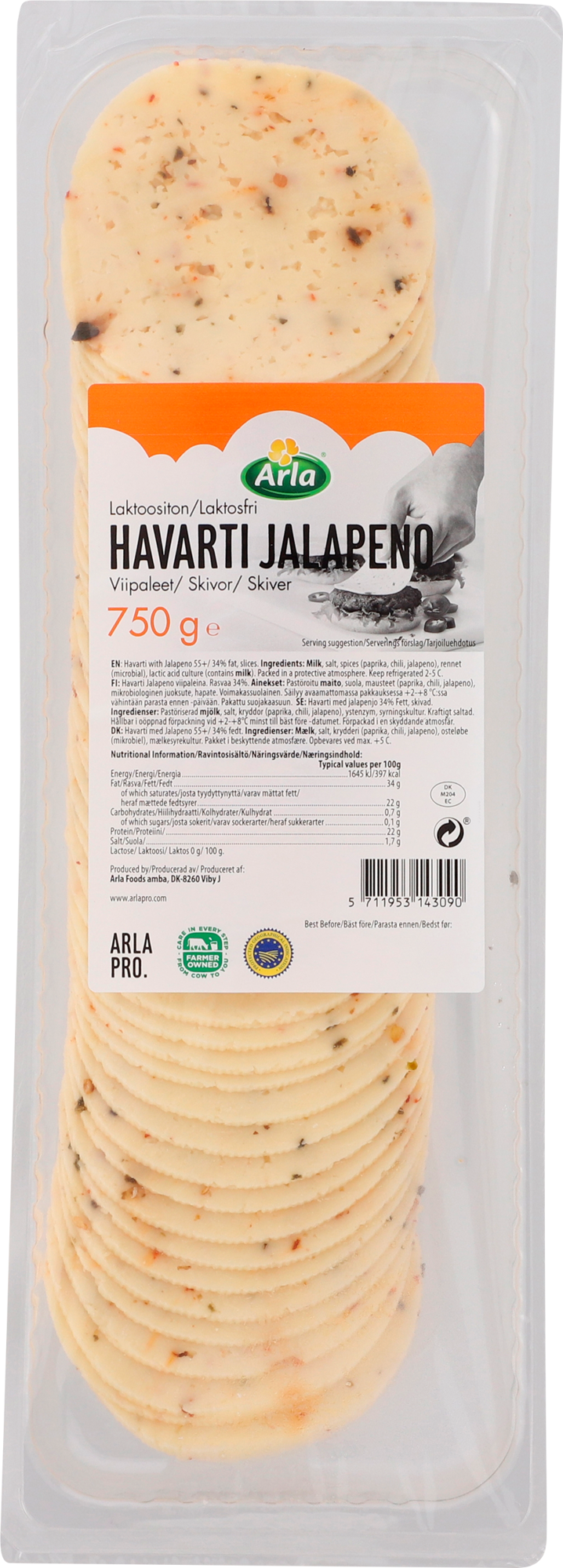Havarti Danois IGP au jalapeño tranches 750g