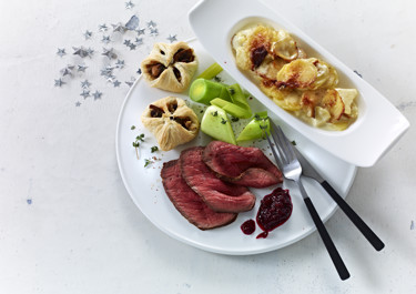 Roastbeef med flødekartofler og champignonpakker