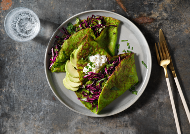Kale pancakes with cottage cheese and avocado