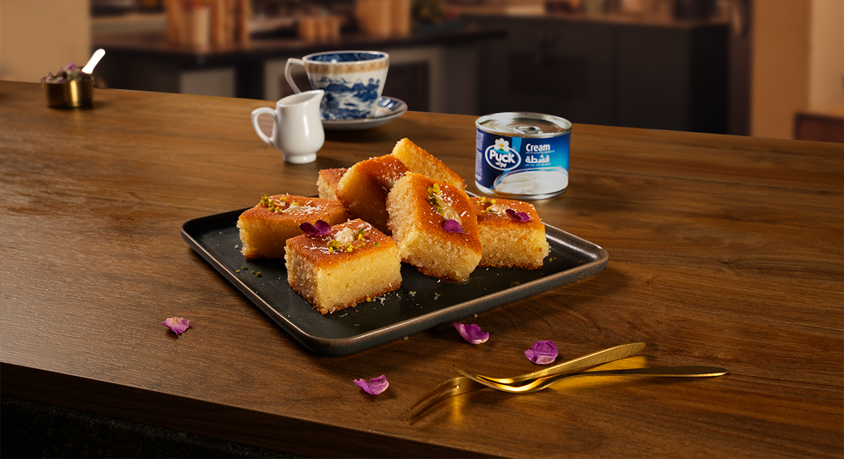 Basbousa with Cream (Semolina Cake)