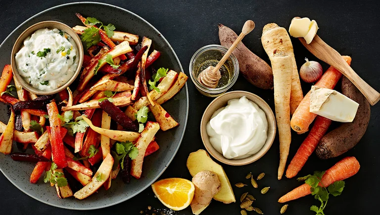 Bagte rodfrugter med korianderfrø og appelsindressing