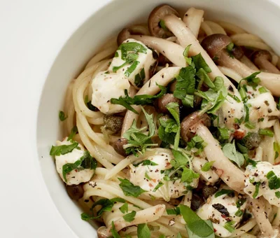 Pasta with Mushrooms, Nuts and Castello® Greek Style Cheese Cubes