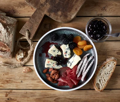 Creamy Blue Cheese with Nuts, Bresaola, Sausages, Fruits and Berries