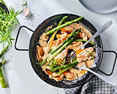 Spargelpfanne mit Süßkartoffeln