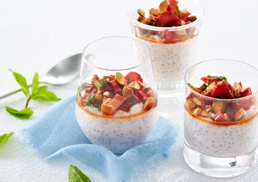 Lactose-free chia porridge with baked rhubarb