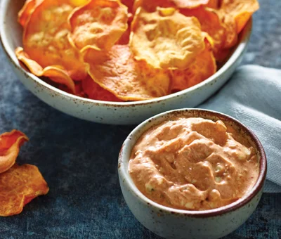 Sweet Potato Chips With Smokey Castello® Blue Cheese Dip