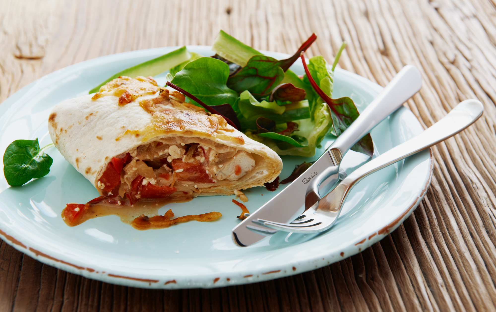 Tortilla med kylling og krydret hytteost