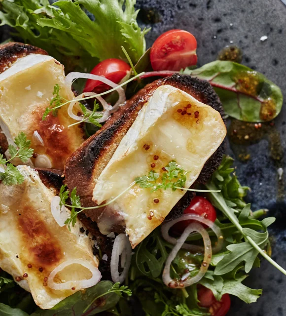 Fresh salad with melted cheese crostini