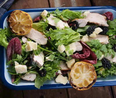 Salad with grilled chicken, blackberries & Cheddar