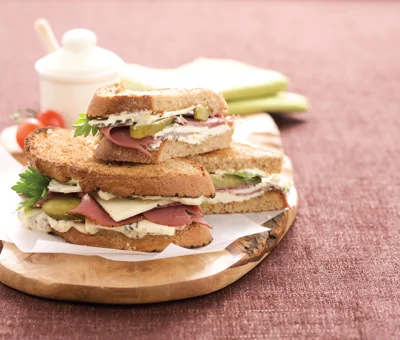 Pastrami on Hot Rye with Blue and Cornichons