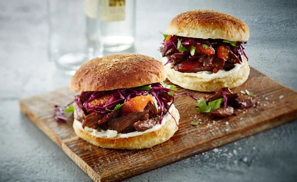 Duck burger with Red Cabbage Salad & Blue Cheese dressing