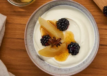 Skyr bowl with poached pears with star anise