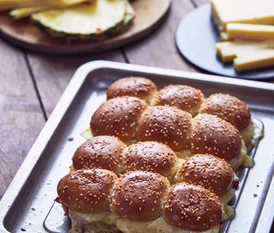 Hawaiian hot rolls with havarti, pineapple and ham