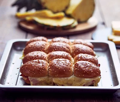 Hawaiian hot rolls with cheddar, pineapple and ham