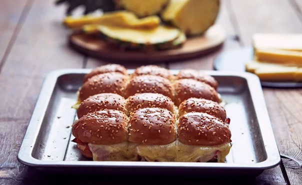 Hawaiian hot rolls with cheddar, pineapple and ham