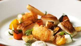 Sandart med skaldyr og rodfrugter