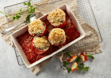 Fyldte peberfrugter - af en rest kødsauce og perlespelt