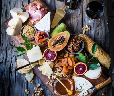Cheese board with blood orange marmelade