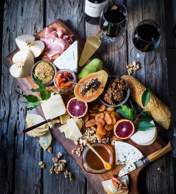 Cheese board with blood orange marmelade