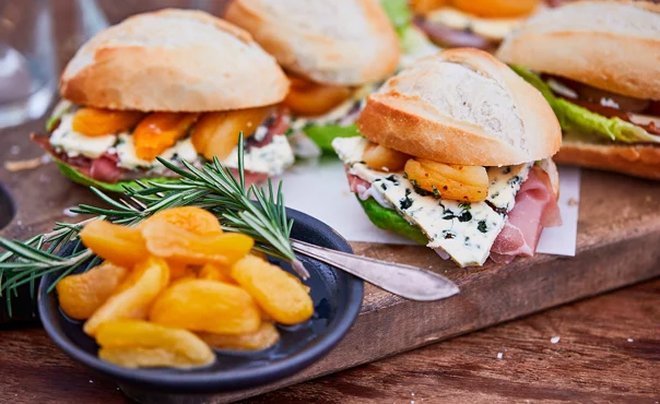 Bocadillos with Blue Cheese, Serrano ham and apricots
